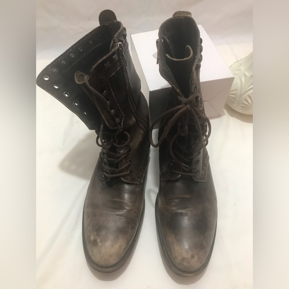 Brown distressed leather combat boots